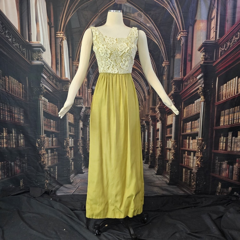 Vintage 1960's Dress Maxi Floor Length Citron Green Cream Lace Velvet Bow